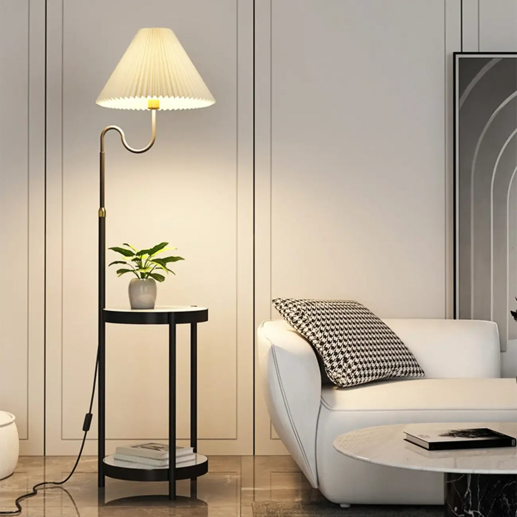 Modern Gold Linear Floor Lamp with Shelf & Pleated Shade