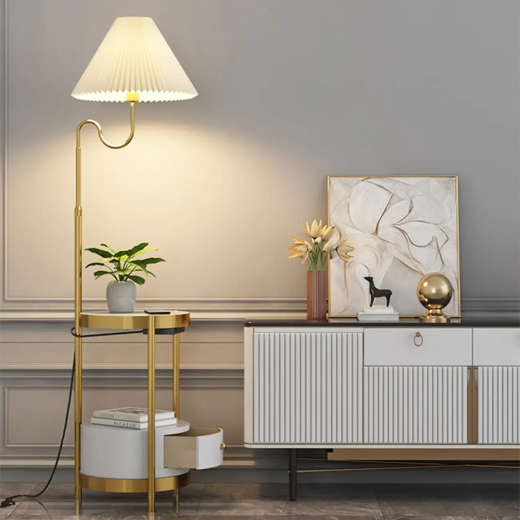 Modern Gold Linear Floor Lamp with Shelf & Pleated Shade