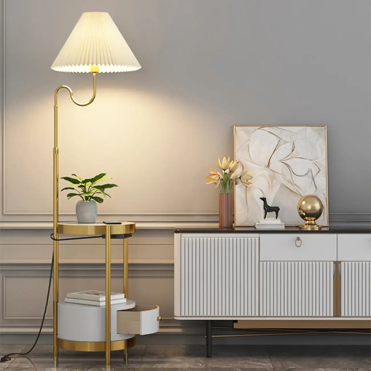Modern Gold Linear Floor Lamp with Shelf & Pleated Shade