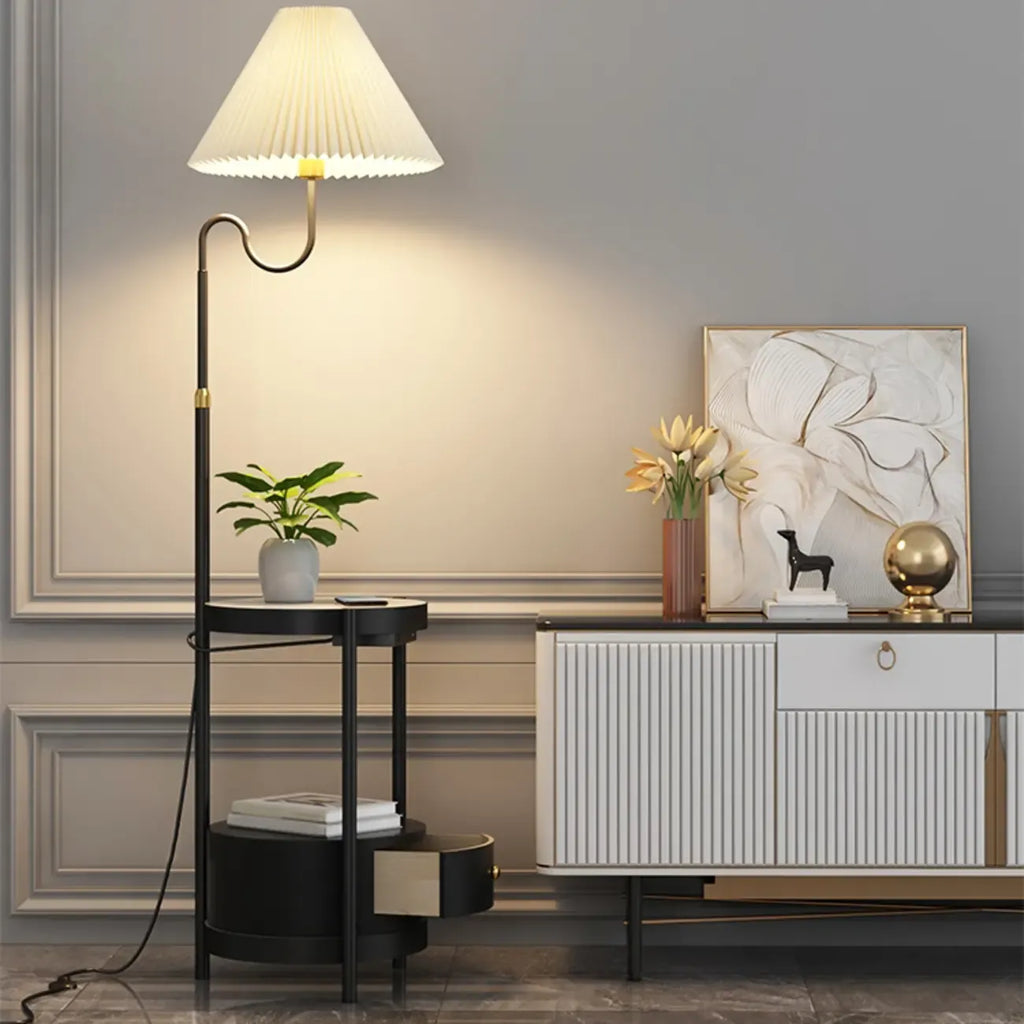 Modern Gold Linear Floor Lamp with Shelf & Pleated Shade