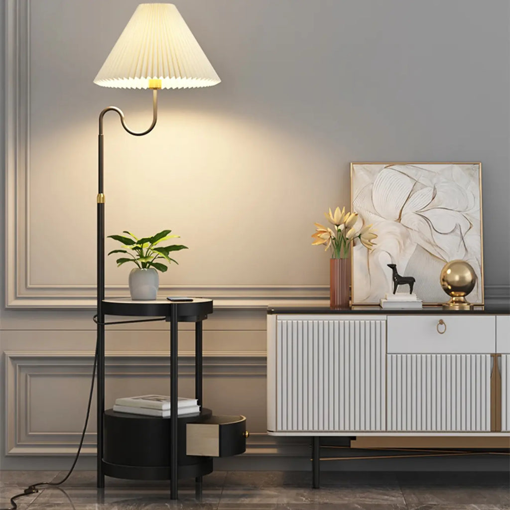 Modern Gold Linear Floor Lamp with Shelf & Pleated Shade