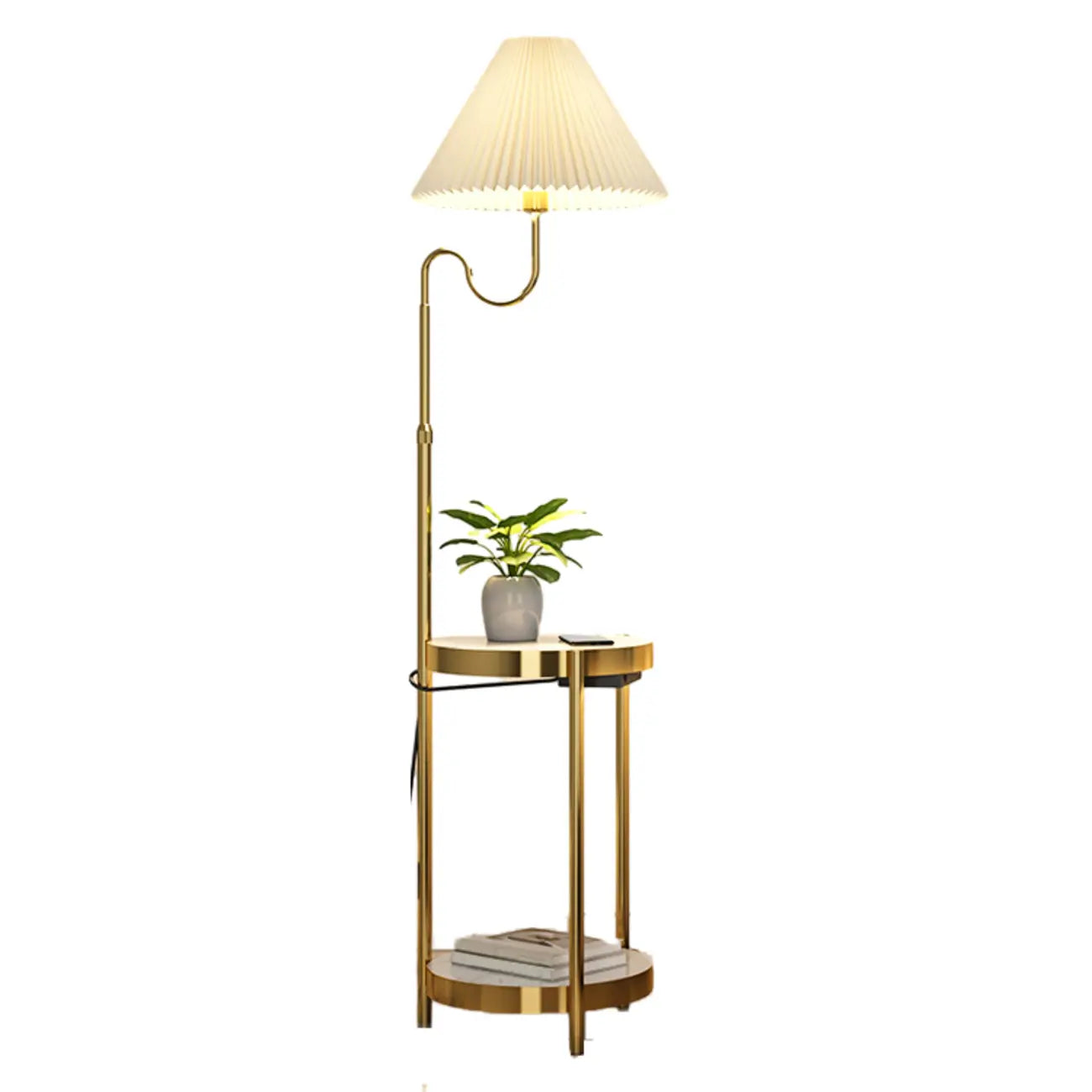 Modern Gold Linear Floor Lamp with Shelf & Pleated Shade