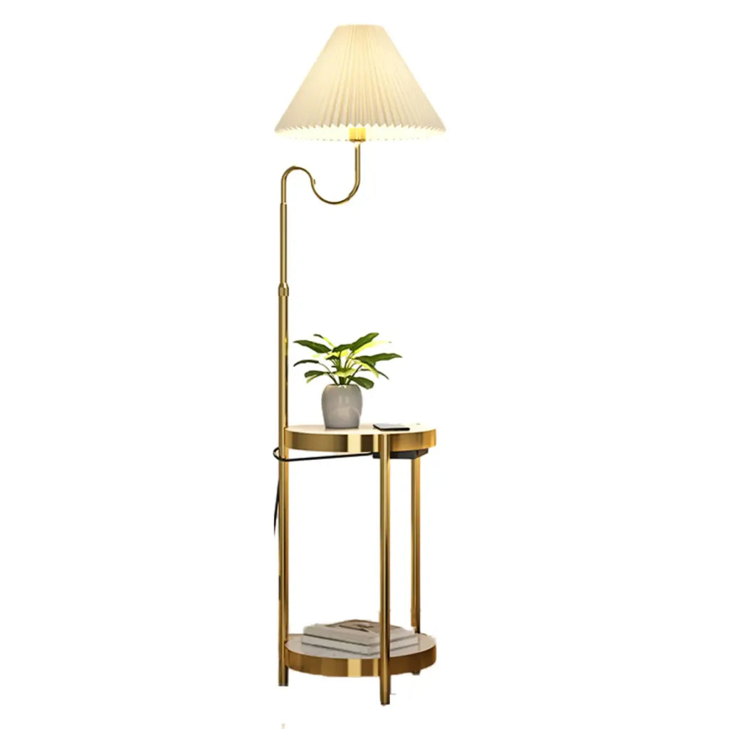 Modern Gold Linear Floor Lamp with Shelf & Pleated Shade