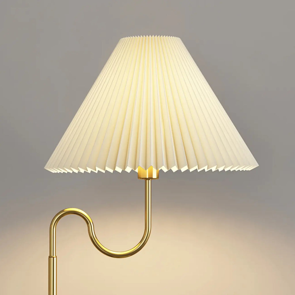 Modern Gold Linear Floor Lamp with Shelf & Pleated Shade