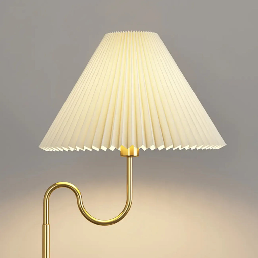Modern Gold Linear Floor Lamp with Shelf & Pleated Shade