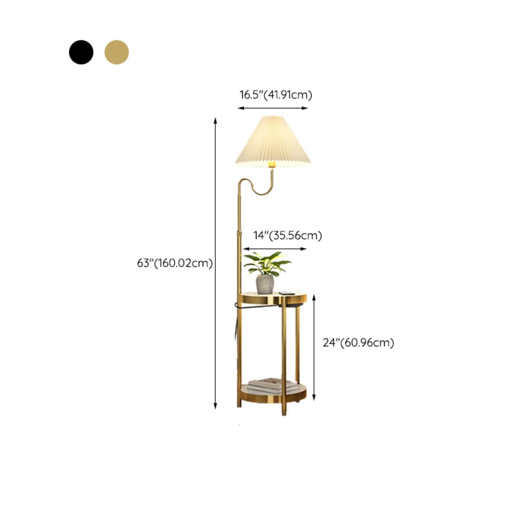 Modern Gold Linear Floor Lamp with Shelf & Pleated Shade