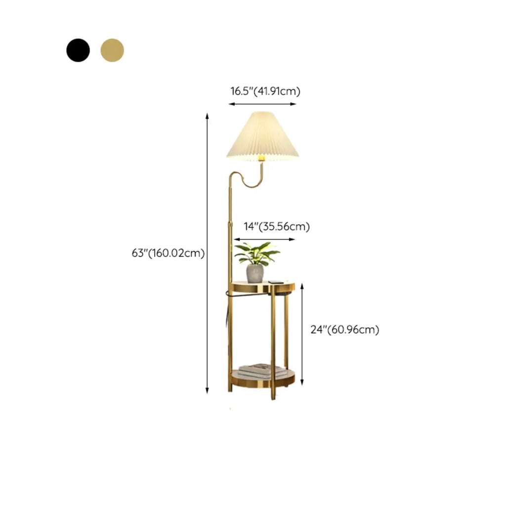 Modern Gold Linear Floor Lamp with Shelf & Pleated Shade