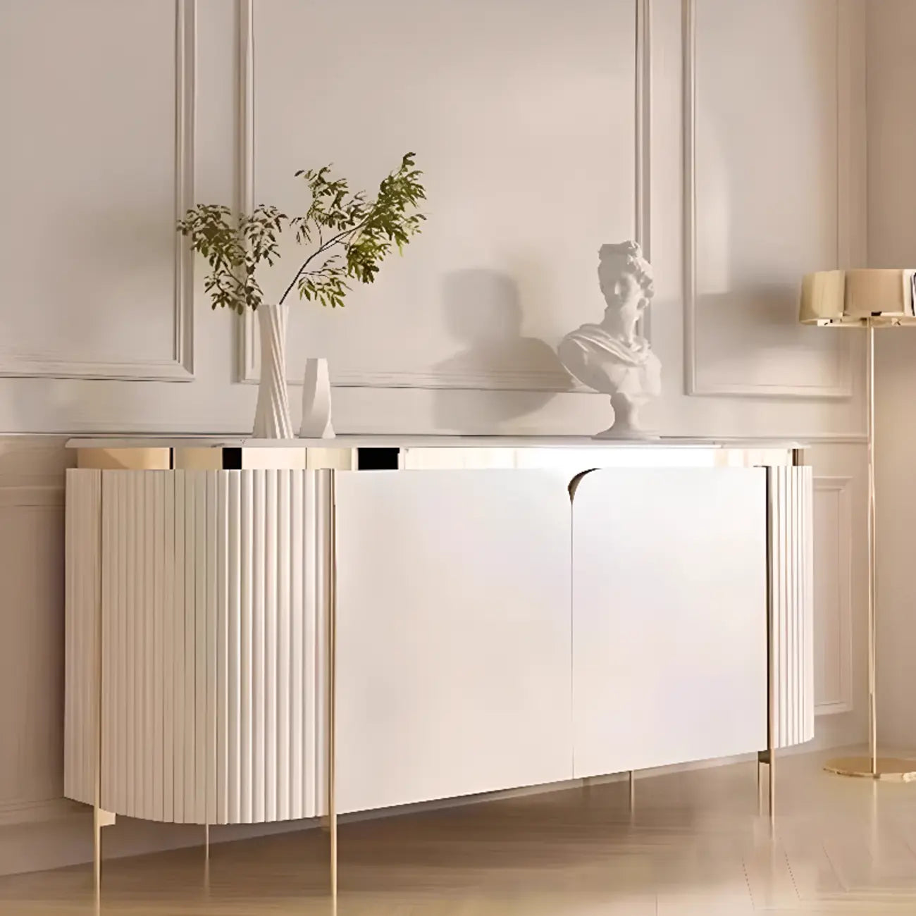 Modern White Sideboard with Mirrored Accent and Storage