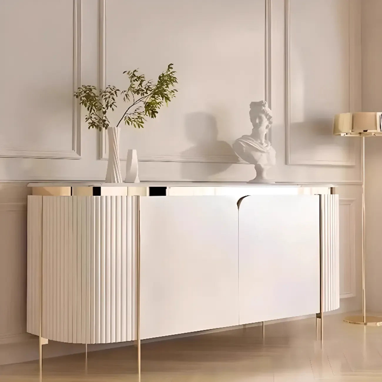 Modern White Sideboard with Mirrored Accent and Storage