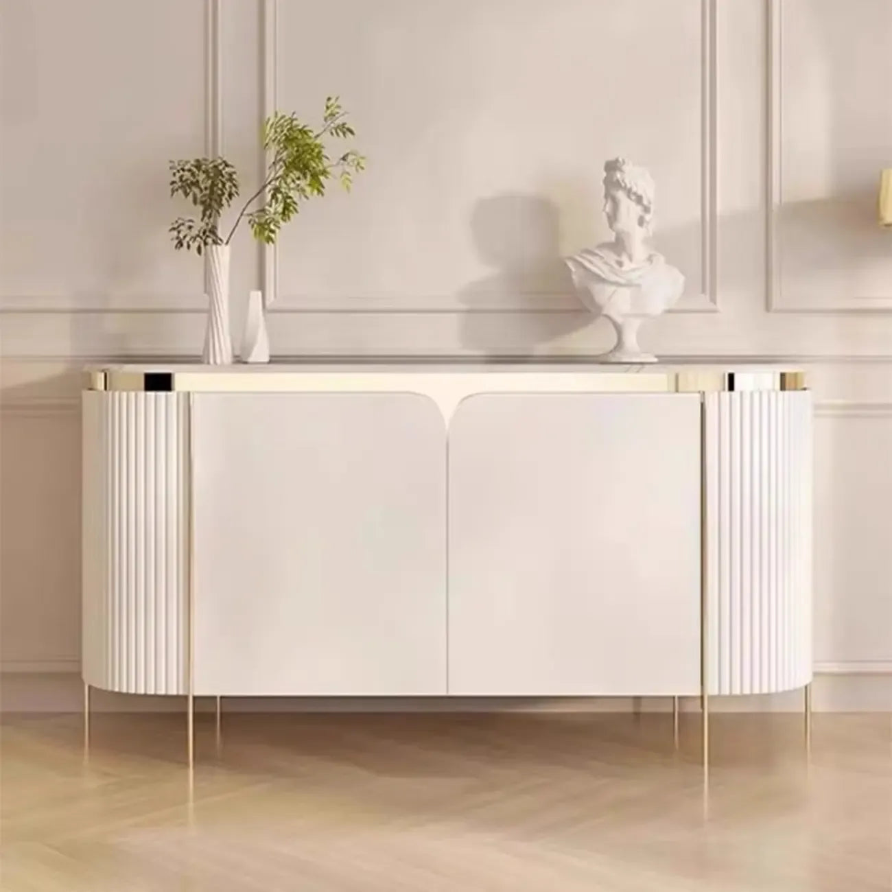 Modern White Sideboard with Mirrored Accent and Storage