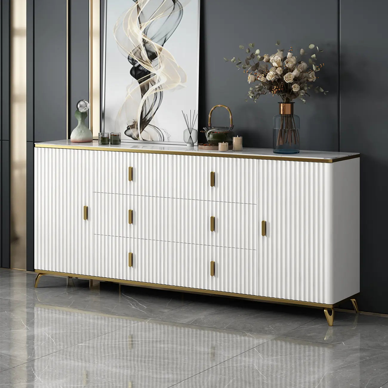 Glam Wooden Living Room Cabinet with Multiple Drawers