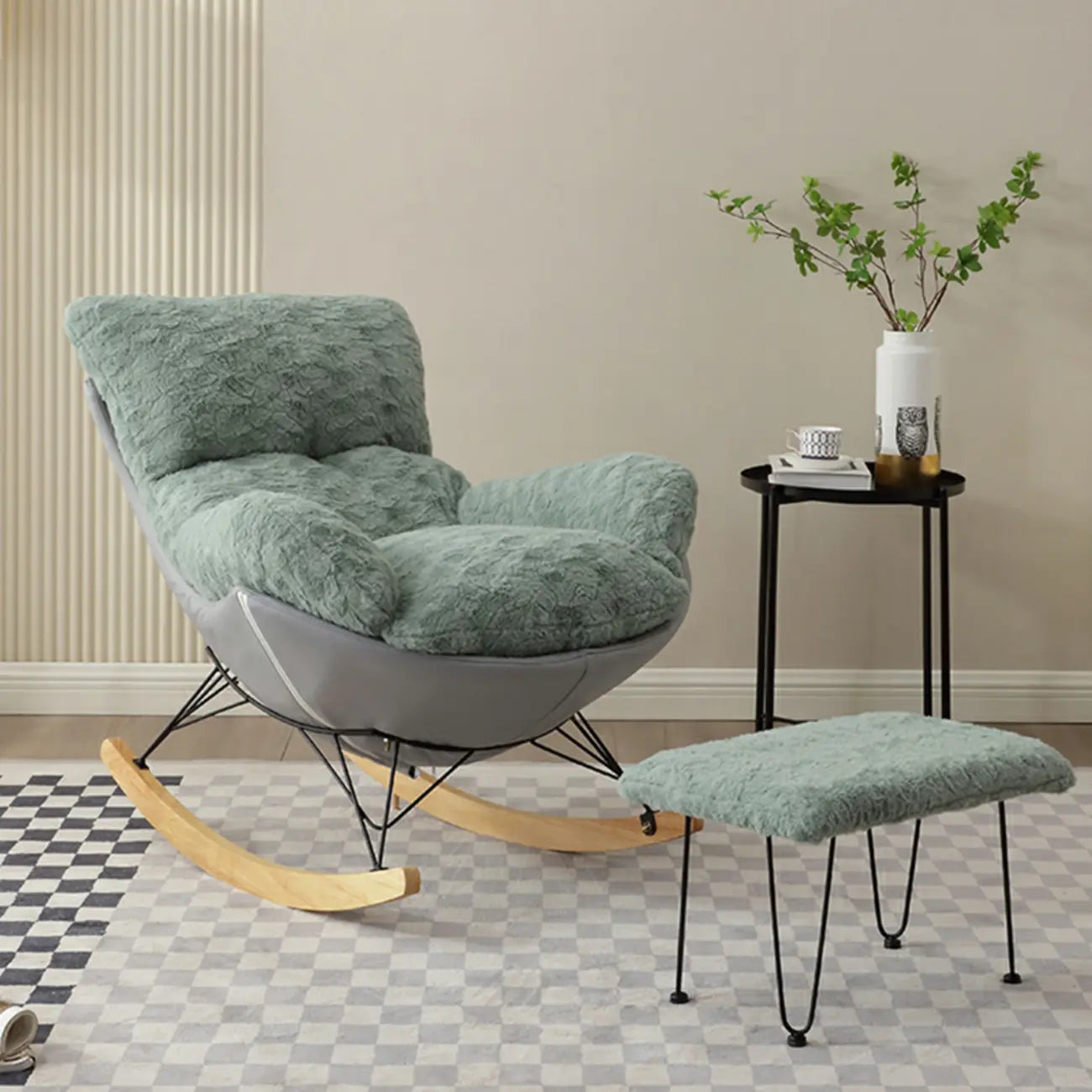 Modern Armless Upholstered Rocking Chair with Ottoman