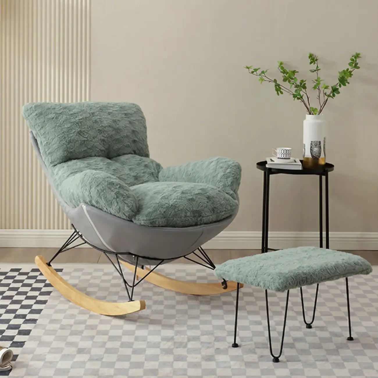 Modern Armless Upholstered Rocking Chair with Ottoman