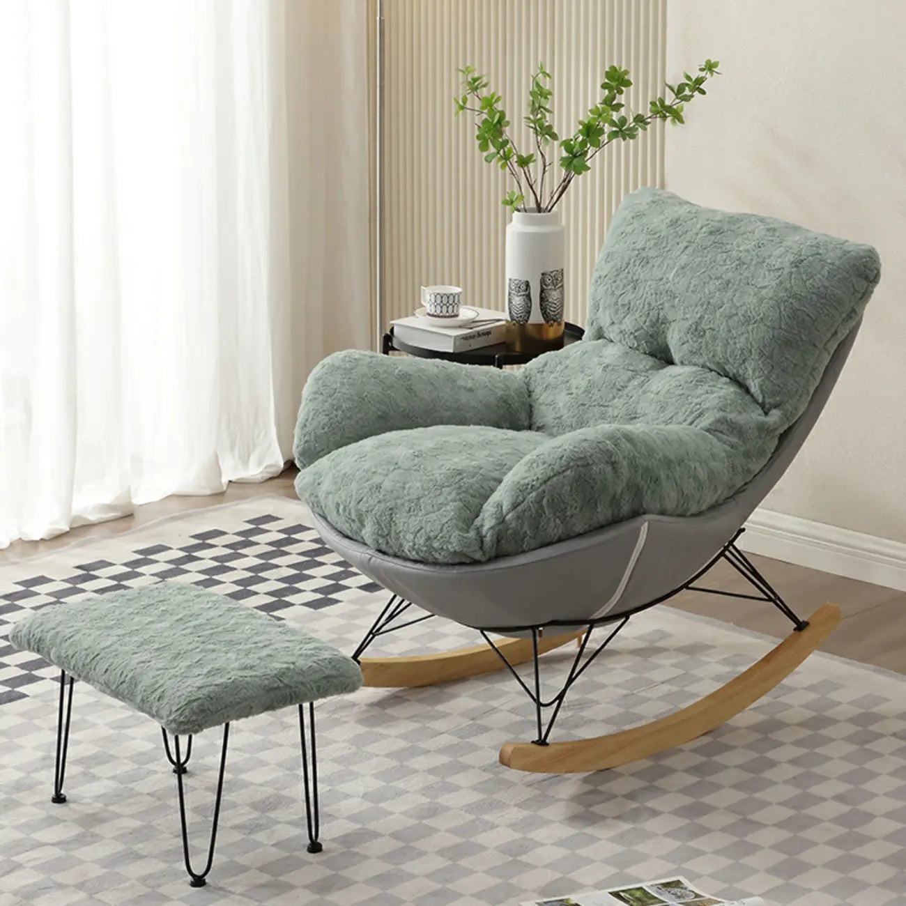 Modern Armless Upholstered Rocking Chair with Ottoman