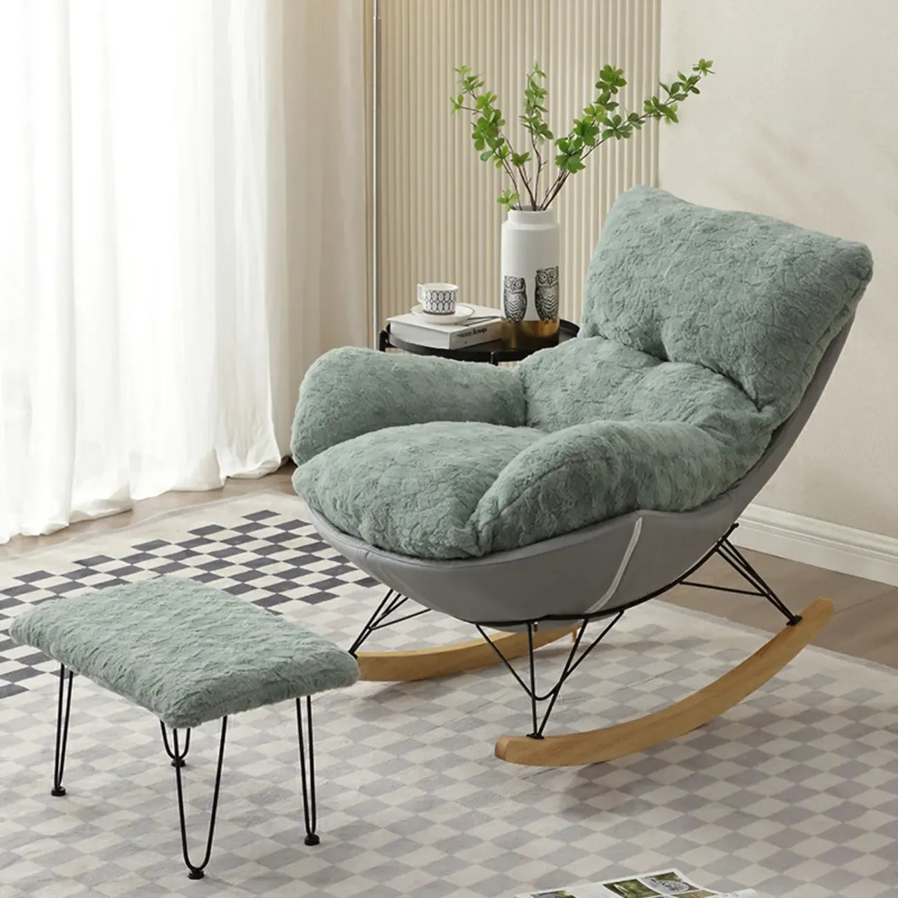 Modern Armless Upholstered Rocking Chair with Ottoman