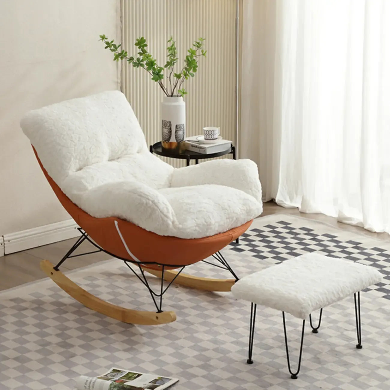 Modern Armless Upholstered Rocking Chair with Ottoman