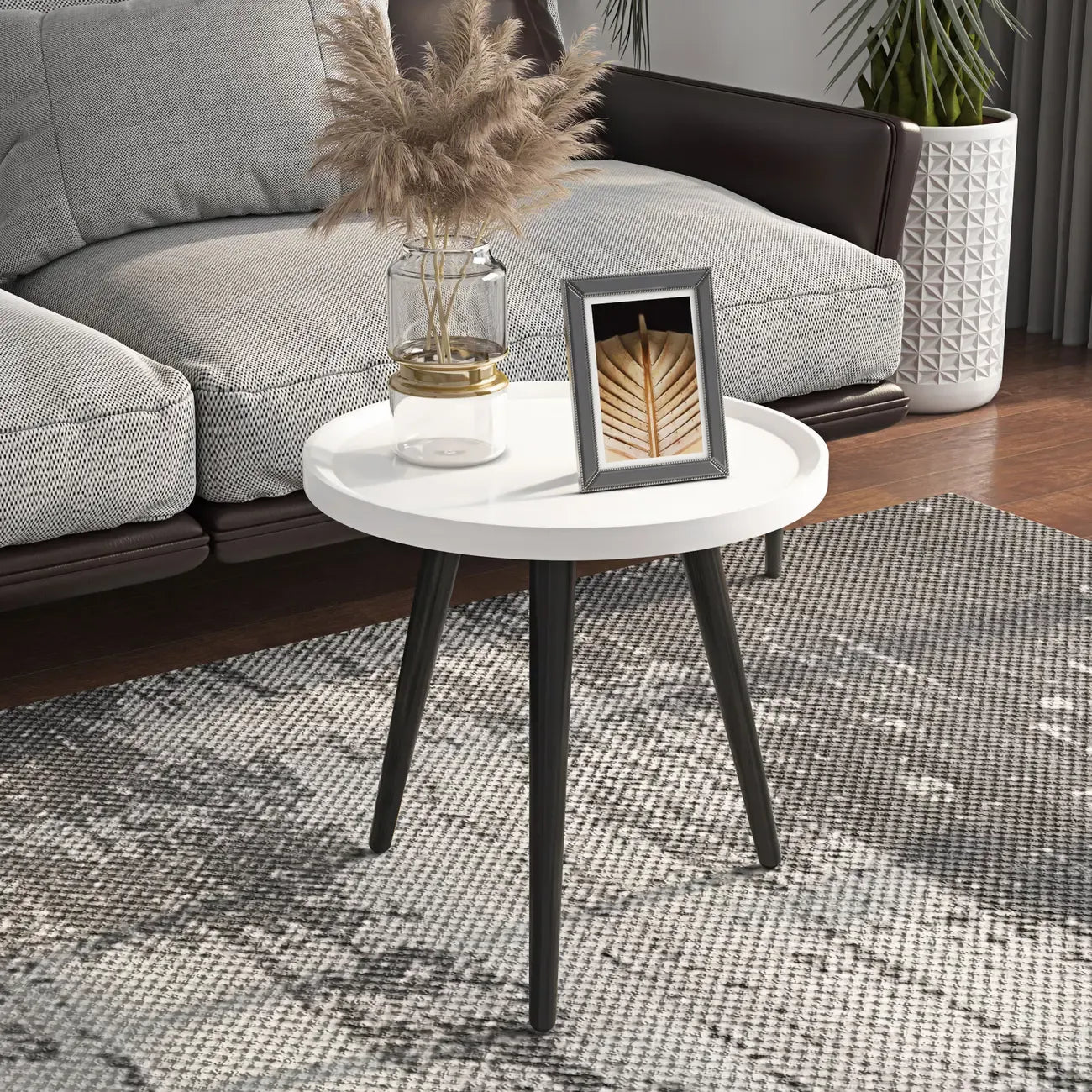 White Round Wooden End Table for Living Room