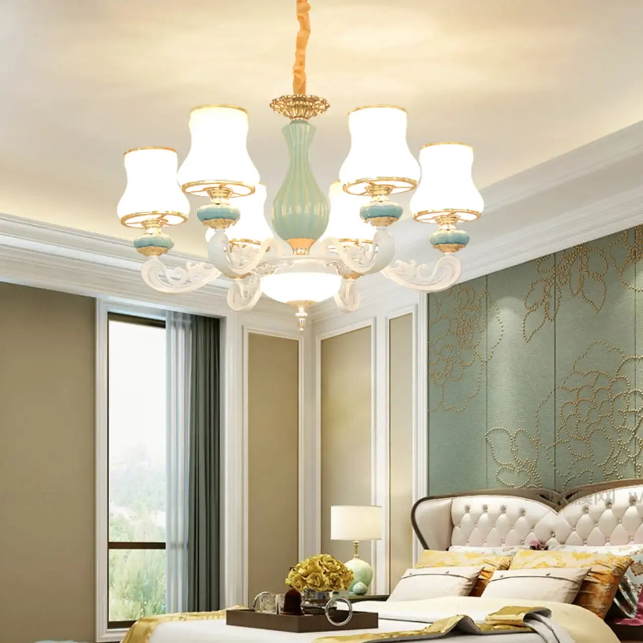 Vintage Elegant Adjustable Chandelier with Porcelain