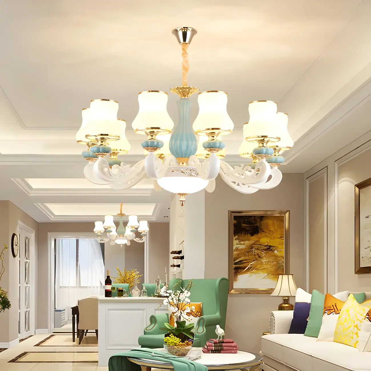 Vintage Elegant Adjustable Chandelier with Porcelain