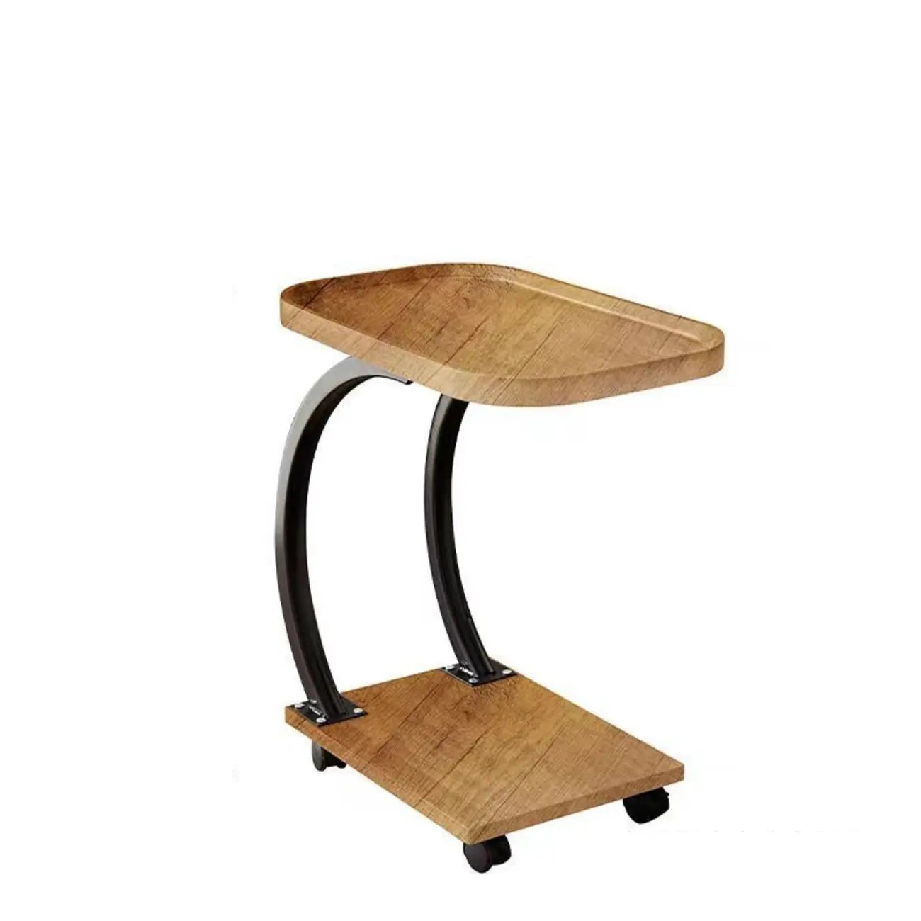 Wooden Round C-Shaped Side Table with Swivel Wheels
