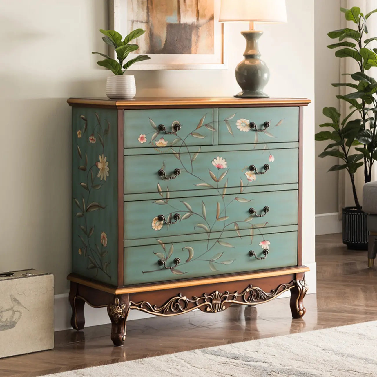 Rustic Wooden Floral Cabinet for Home with 3/5/9 Drawers