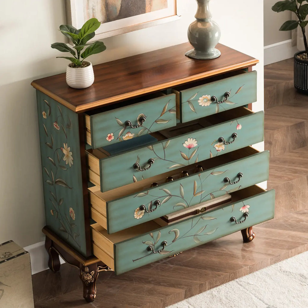 Rustic Wooden Floral Cabinet for Home with 3/5/9 Drawers