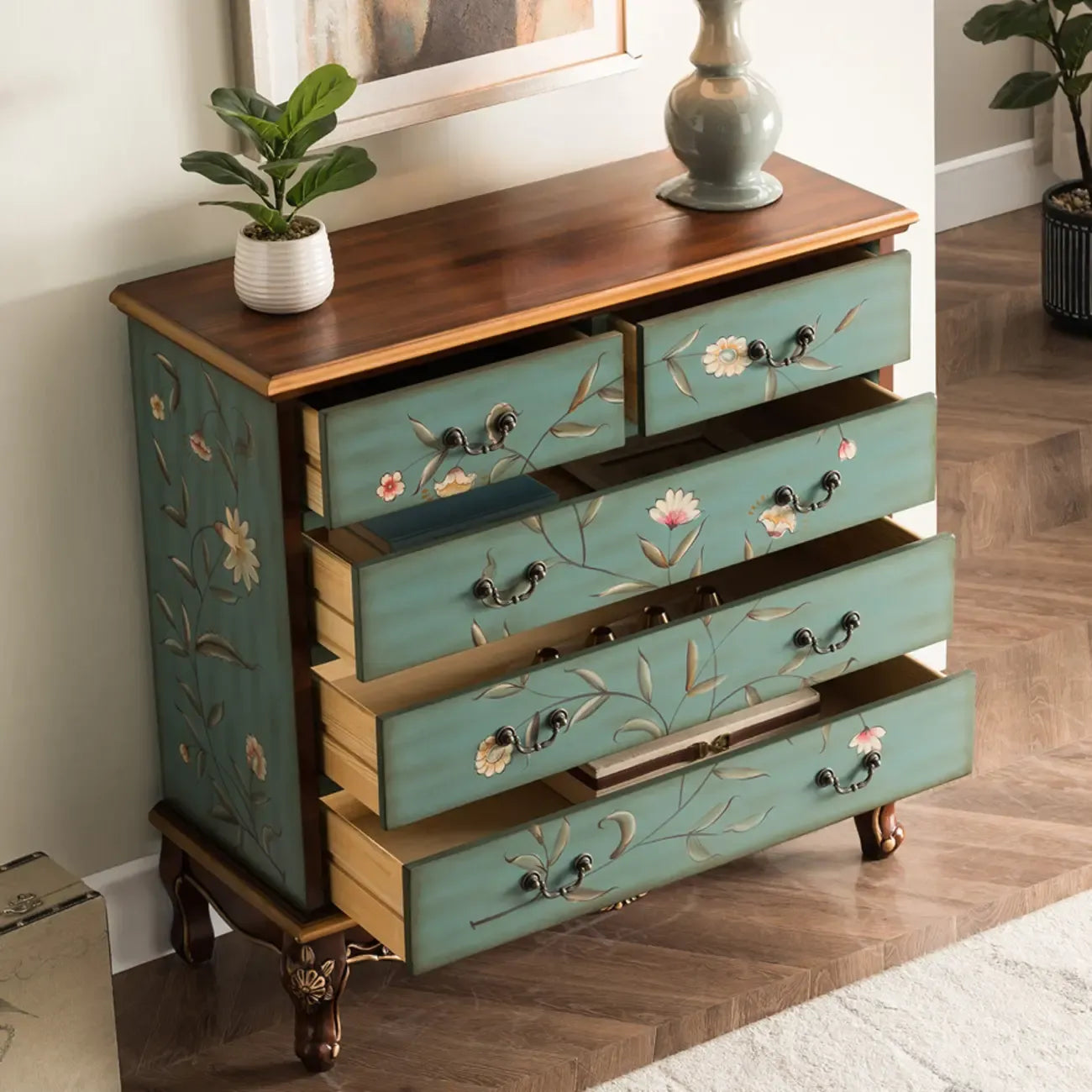 Rustic Wooden Floral Cabinet for Home with 3/5/9 Drawers