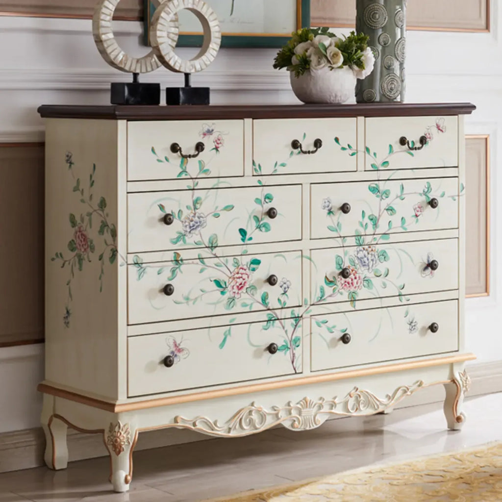 Rustic Wooden Floral Cabinet for Home with 3/5/9 Drawers