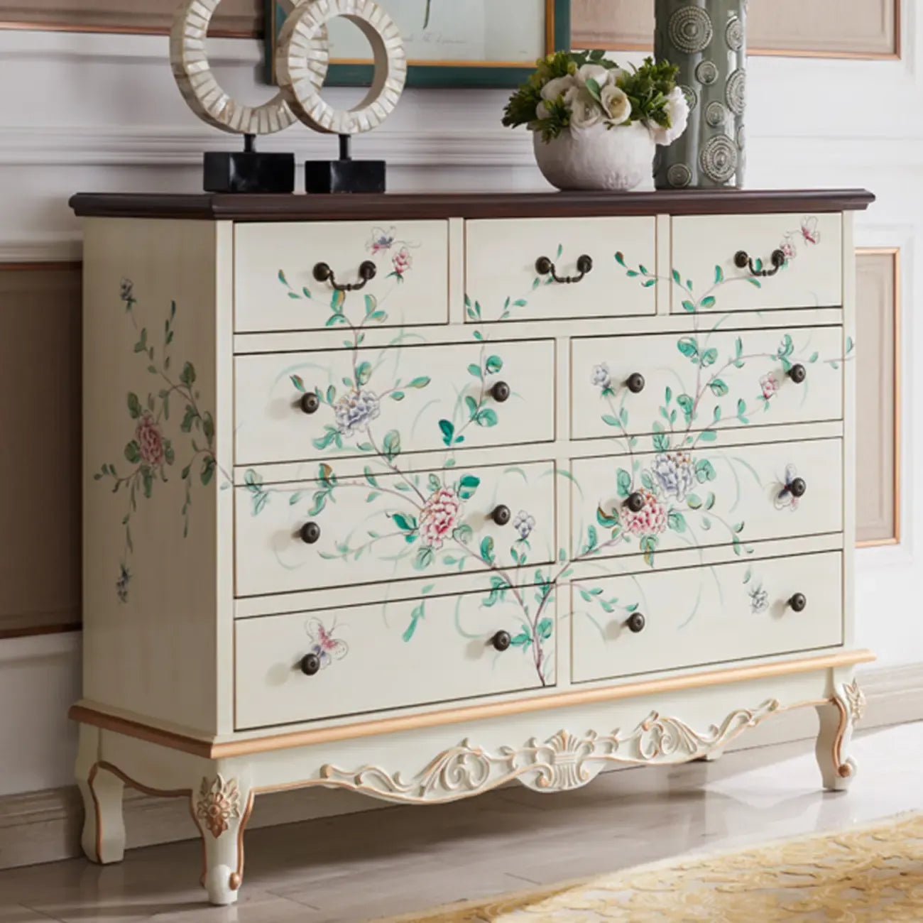Rustic Wooden Floral Cabinet for Home with 3/5/9 Drawers