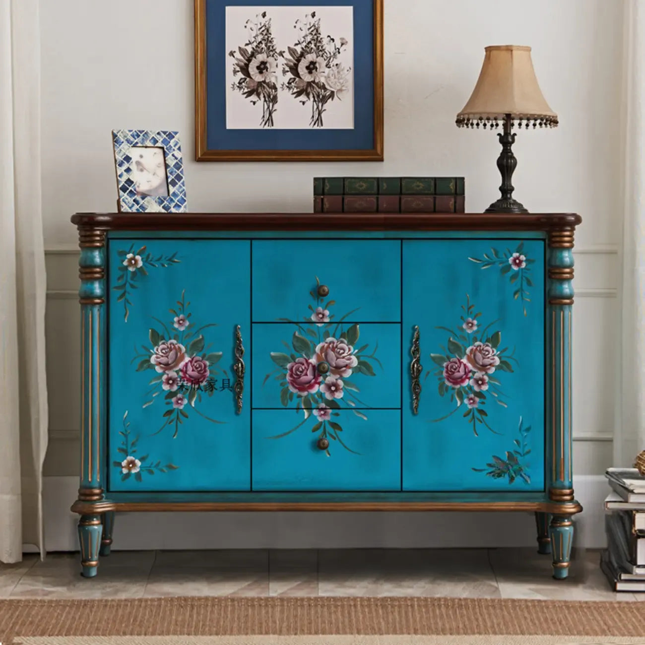 Rustic Wooden Floral Cabinet for Home with 3/5/9 Drawers