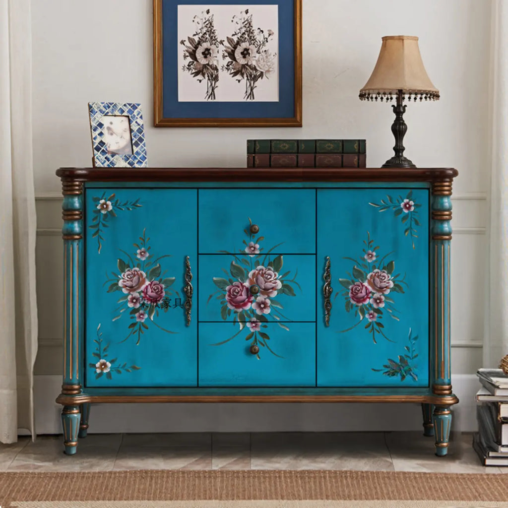 Rustic Wooden Floral Cabinet for Home with 3/5/9 Drawers