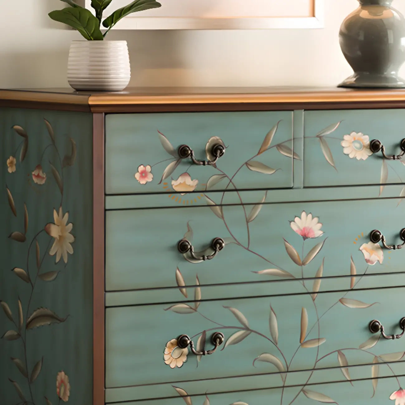 Rustic Wooden Floral Cabinet for Home with 3/5/9 Drawers