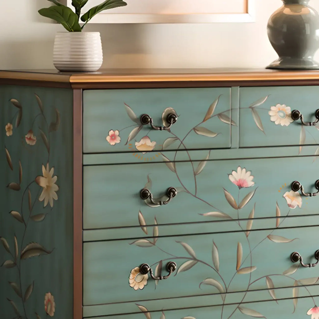 Rustic Wooden Floral Cabinet for Home with 3/5/9 Drawers
