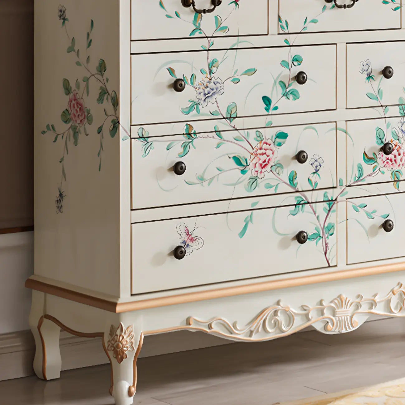 Rustic Wooden Floral Cabinet for Home with 3/5/9 Drawers