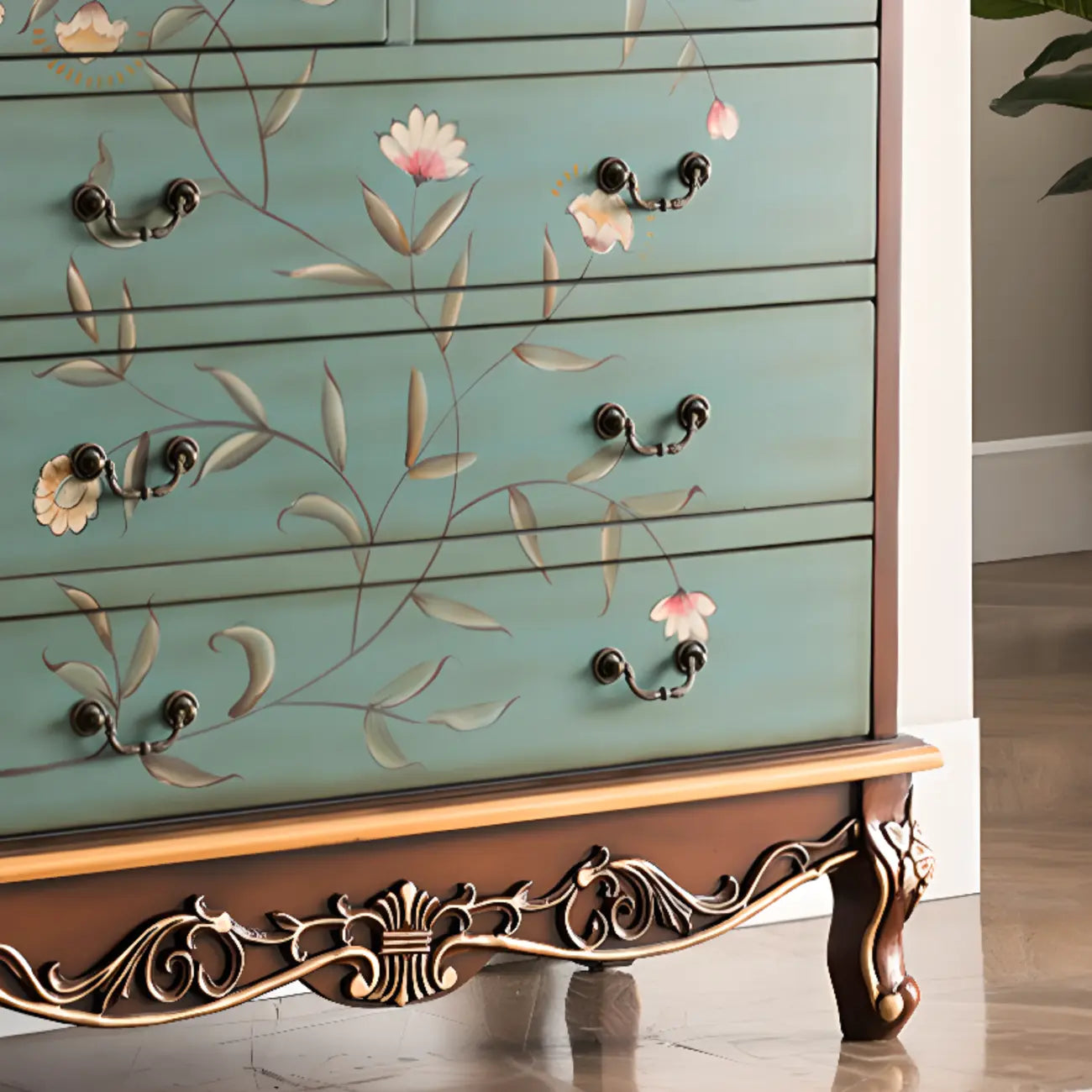 Rustic Wooden Floral Cabinet for Home with 3/5/9 Drawers