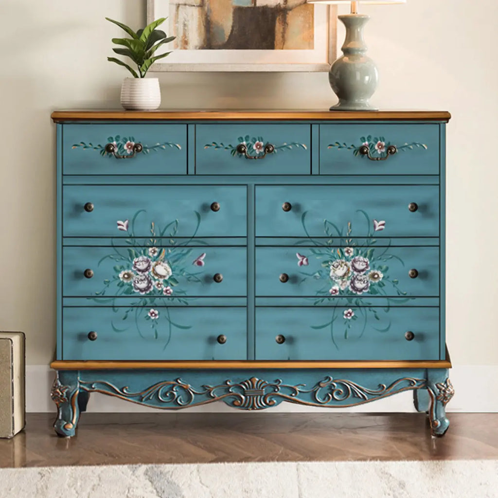 Rustic Wooden Floral Cabinet for Home with 3/5/9 Drawers