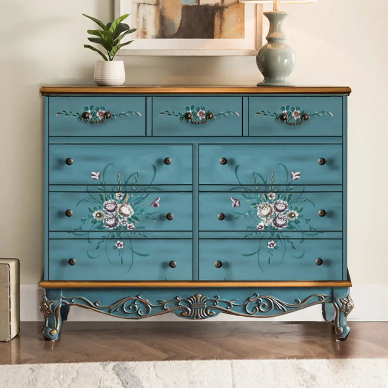 Rustic Wooden Floral Cabinet for Home with 3/5/9 Drawers