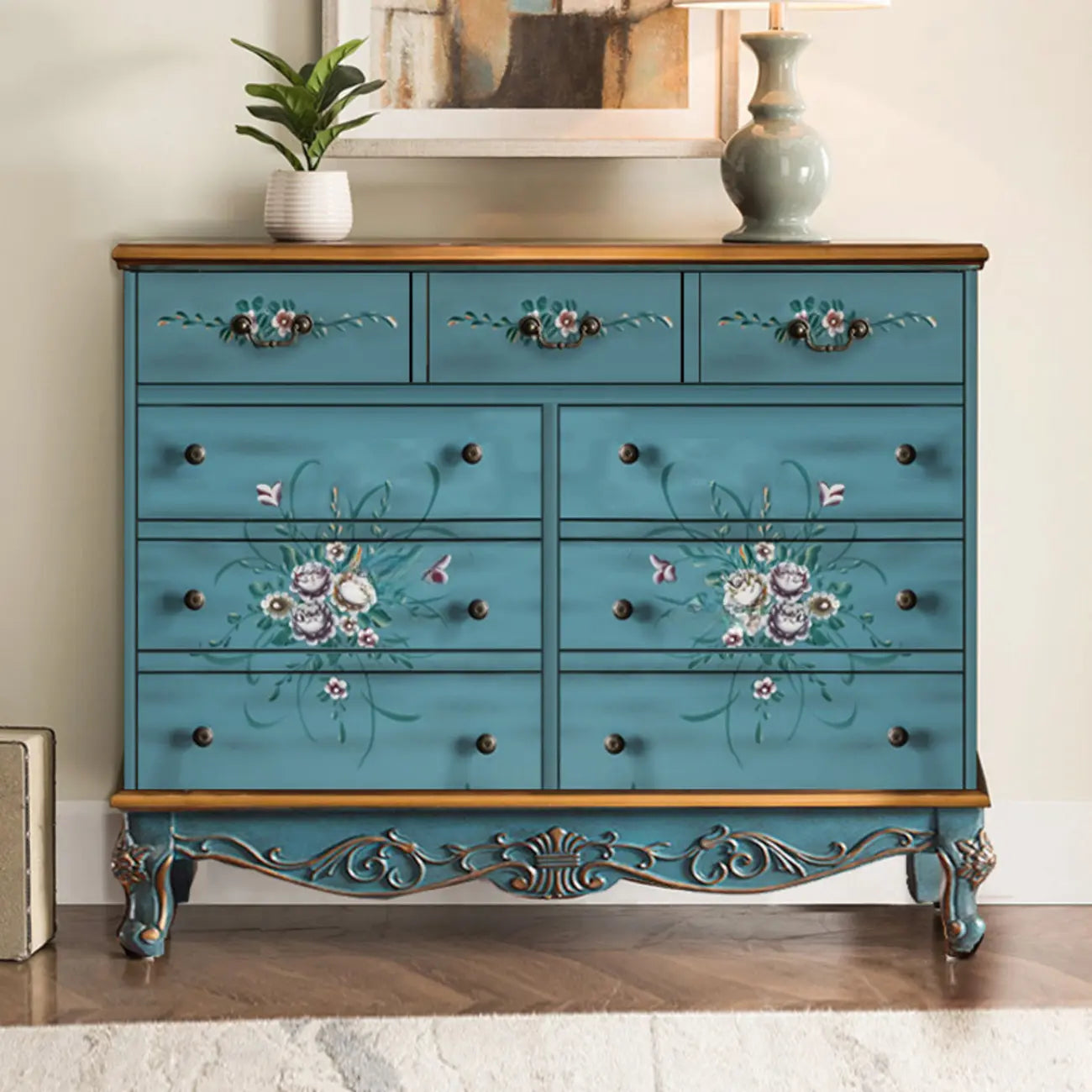 Rustic Wooden Floral Cabinet for Home with 3/5/9 Drawers