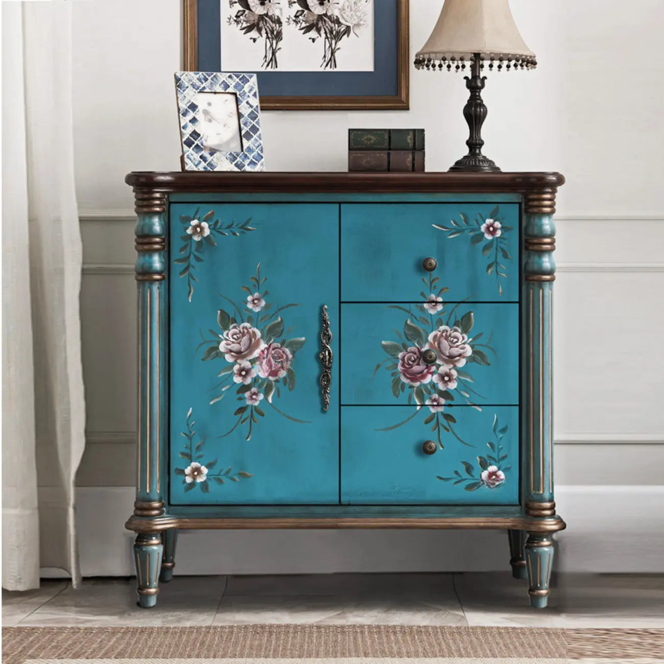 Rustic Wooden Floral Cabinet for Home with 3/5/9 Drawers