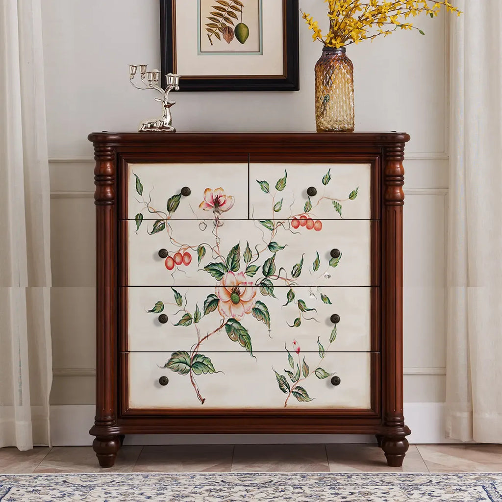 Rustic Wooden Floral Cabinet for Home with 3/5/9 Drawers