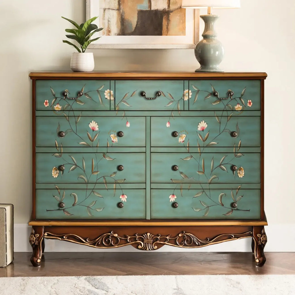 Rustic Wooden Floral Cabinet for Home with 3/5/9 Drawers