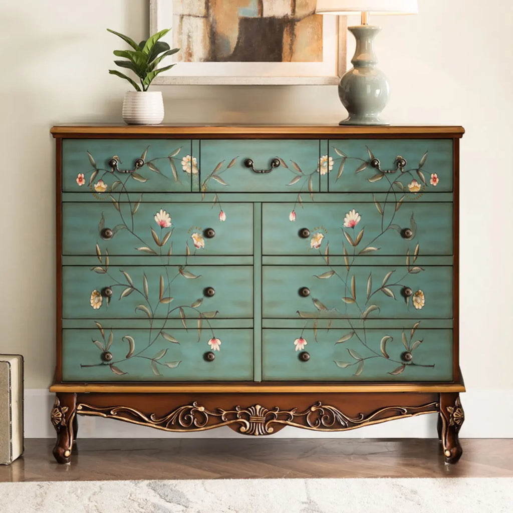 Rustic Wooden Floral Cabinet for Home with 3/5/9 Drawers