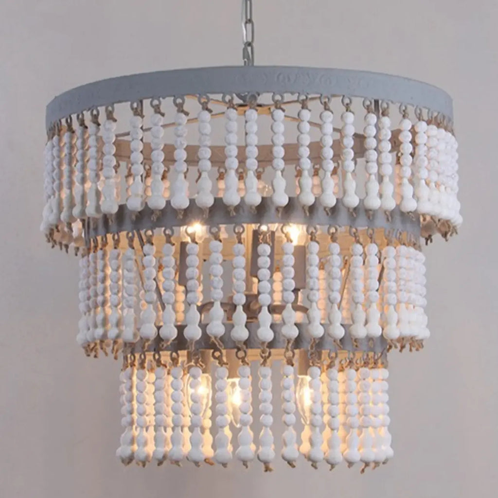3 Tiers White Wood Beaded Chandelier with Elegant Design