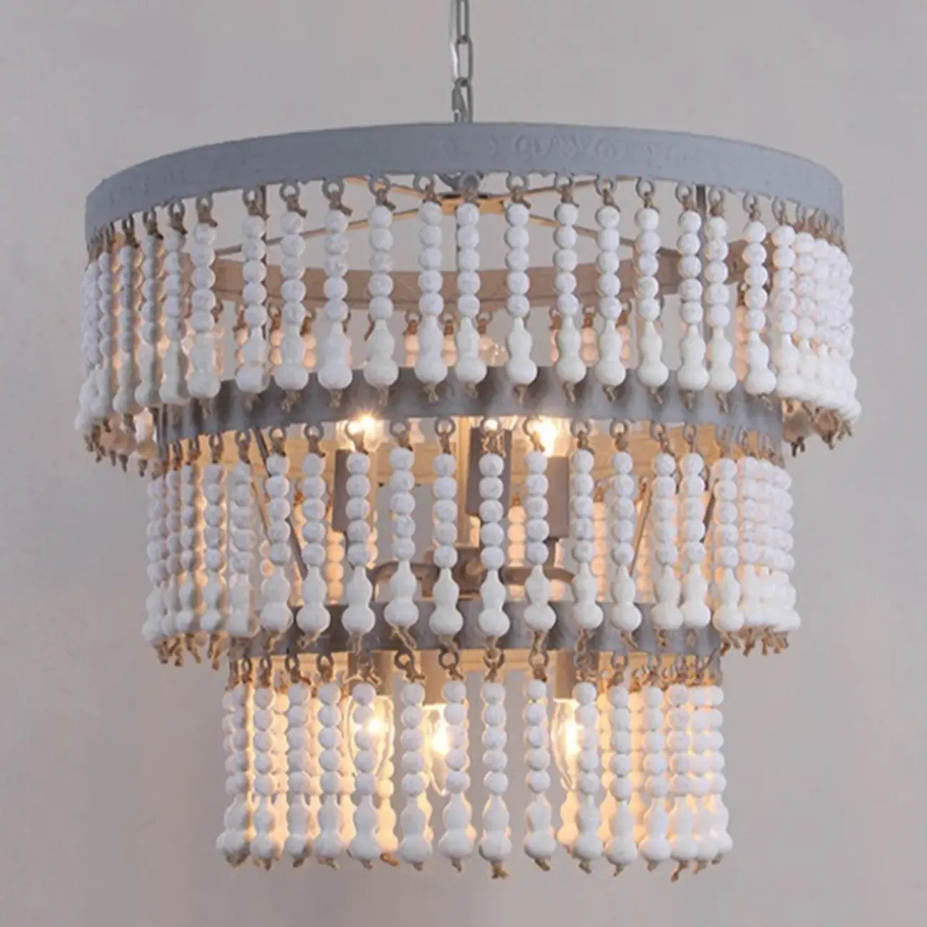 3 Tiers White Wood Beaded Chandelier with Elegant Design
