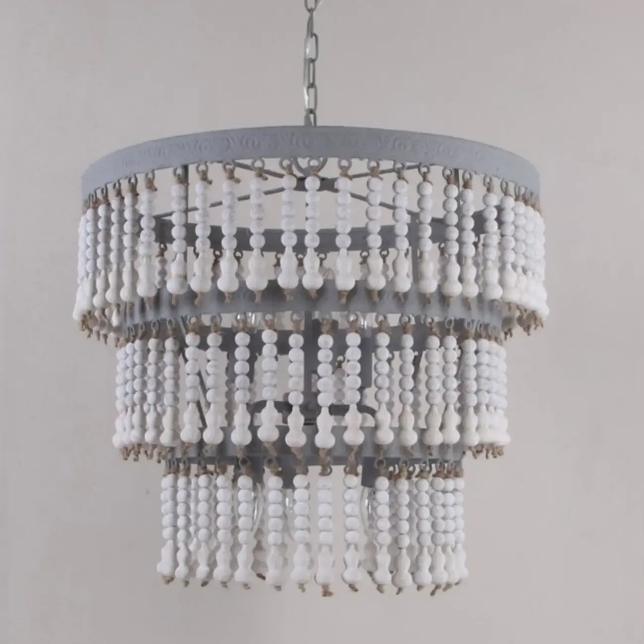 3 Tiers White Wood Beaded Chandelier with Elegant Design