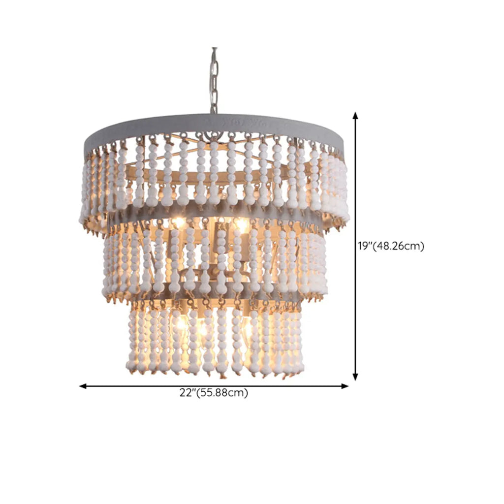 3 Tiers White Wood Beaded Chandelier with Elegant Design
