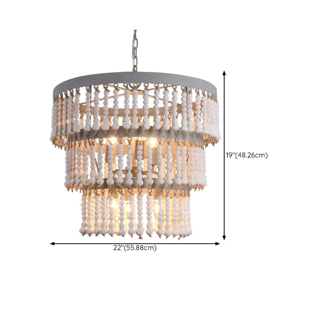 3 Tiers White Wood Beaded Chandelier with Elegant Design
