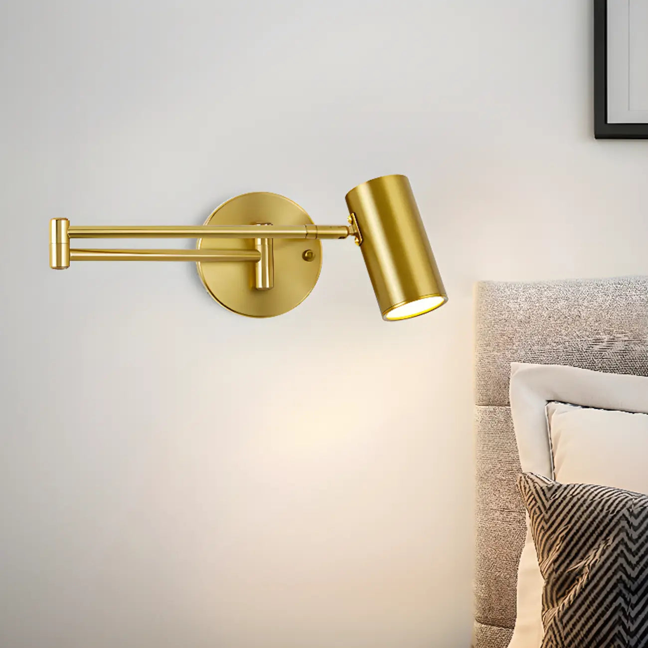 Modern Cylindrical Gold Swing Arm Wall Light for Indoor Use
