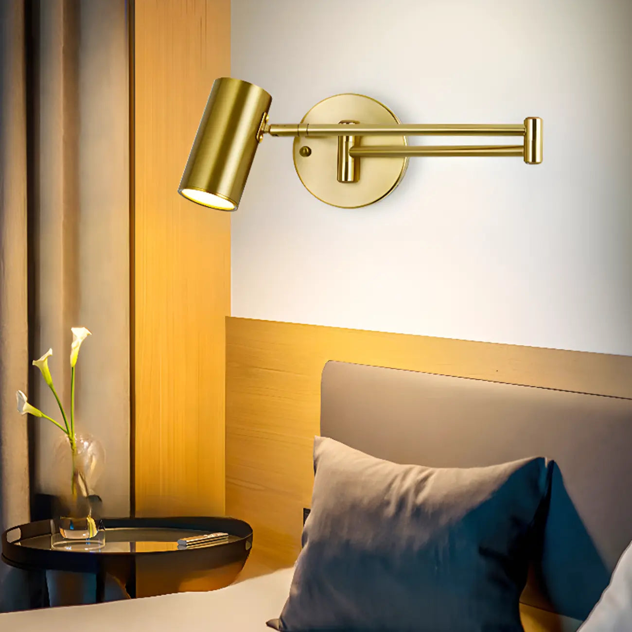 Modern Cylindrical Gold Swing Arm Wall Light for Indoor Use