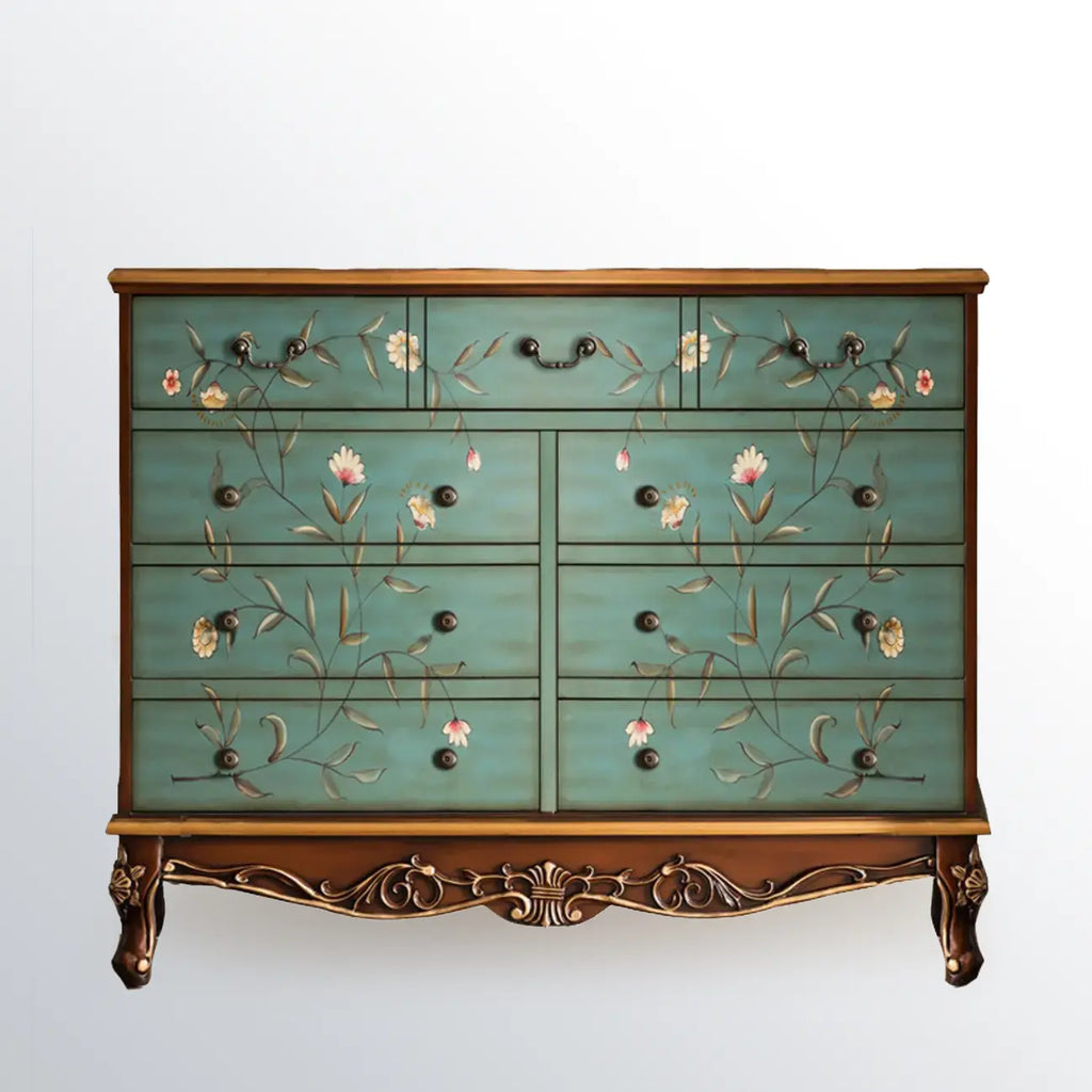 Rustic Wooden Floral Cabinet for Home with 3/5/9 Drawers
